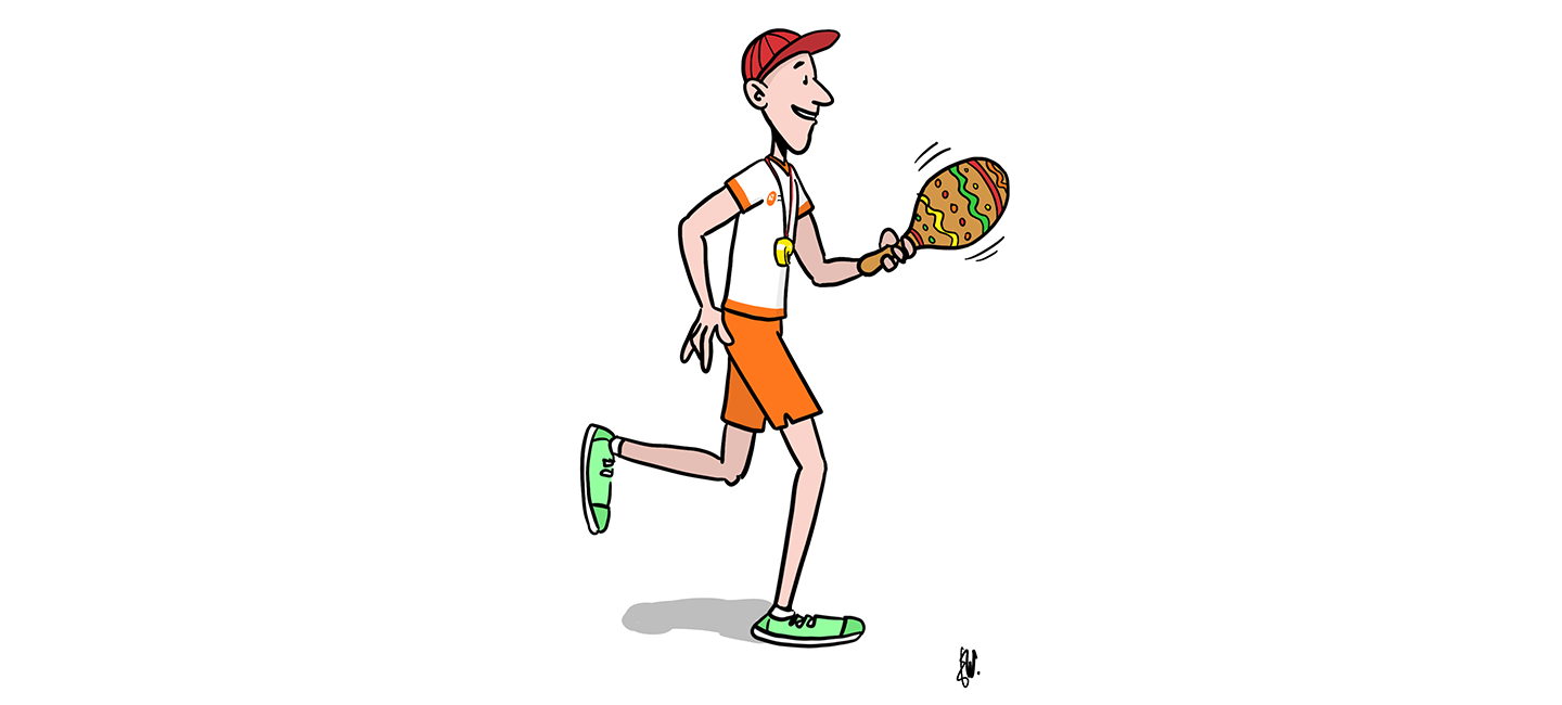 Tekening van een loper met een kleurige sambabal in zijn hand
