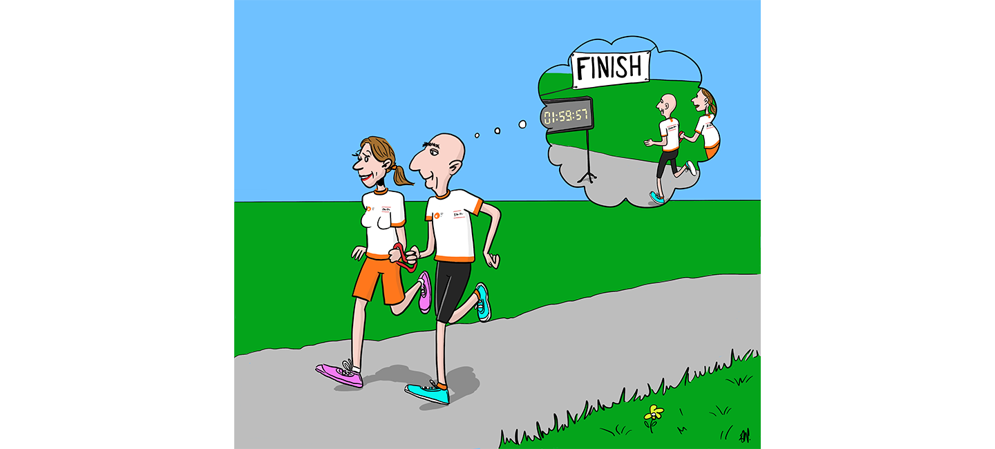 Tekening van loper die aan een mooie finishtijd denkt tijdens het lopen met zijn buddy